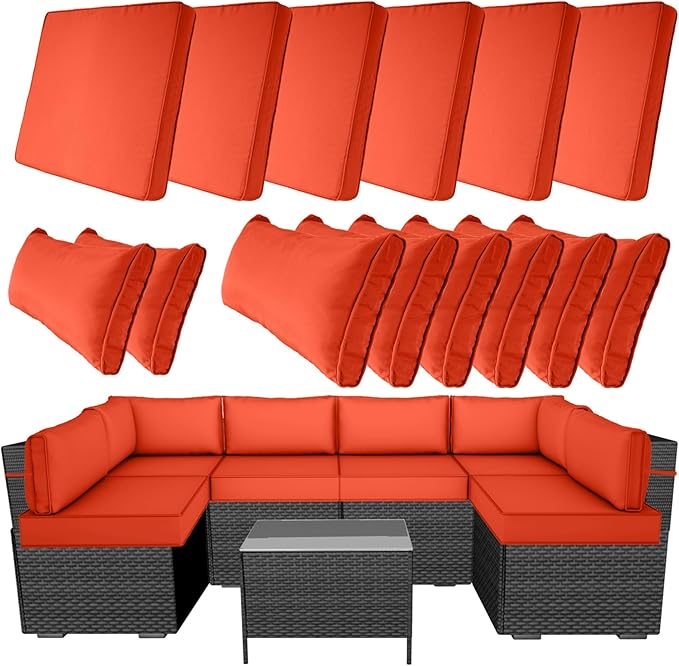 14 Piece Outdoor Furniture Replacement Cushions, Cover+Filling, 25.6" x 25.6" x 4" Foam Waterproof Outdoor Sofa Cushion Sets, Fit Wicker Rattan Sectional Conversation Set, Orange
