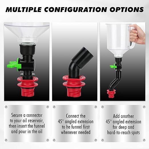 20-Piece Engine Oil Funnel Kit, 1.59QT/1.5L Oil Funnel Set with 12 Adapters, Siphon Hose Pump, Towel, Elbow Fitting, Arrow Screen and Magnetic Storage Hooks Tray, Compatible with GM/Ford/BMW/Audi Etc.