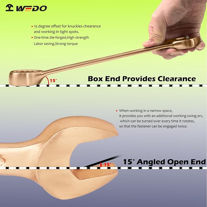 WEDO Non-Sparking Combination Wrench 34mm,Beryllium Copper,Non-magnetic | 12-Point Metric Spark-free Spanner,15-Degree Offset,Corrosion-resistance,DIN3113,BAM&FM Certificate,For Oil,Chemical,Mining