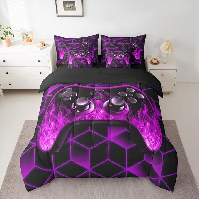 Gaming Consoles Comforter Set 7 Piece Bed in a Bag Twin,Neon Geometric Boys Bedding Set,3D Geometric Gamer Comforter and Sheet Set Purple Flame Bed Set,Gamer Decor for Boys Bedroom Decor