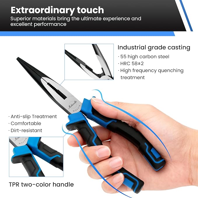 Needle Nose Pliers, mshandto 8" Long Nose Pliers for Wire Bending, High Carbon Steel Needle Nose Plier, Serrated Jaw Pliers for Jewelry Making, Electronics Repair, Object Grasping, Craft Making