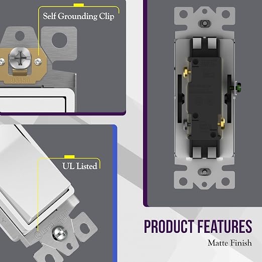 ENERLITES Matte White Light Switch With Screwless Wall Plate, Decorator Paddle Rocker Wall Switch, 3-Way, 3 Wire, Grounding Screw, Residential Grade, 15A 120V/277V, UL Listed, 93150-MW-20PCS (20 Pack)