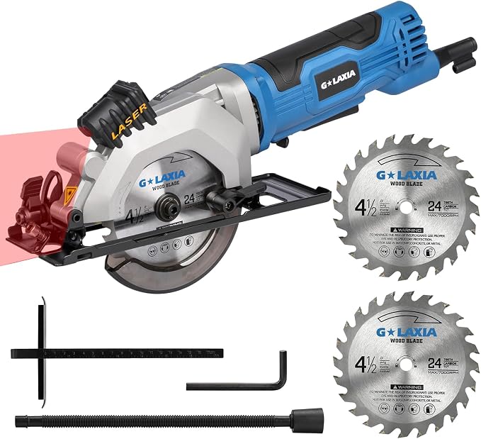 Mini Circular Saw Corded, 4A 3500RPM Compact Saw with Laser Guide, Rip Guide, Vacuum Adapter, Electric Circular Saw with 4-1/2" 24T TCT Blades for Wood, PVC, Plasterboard, Drywall