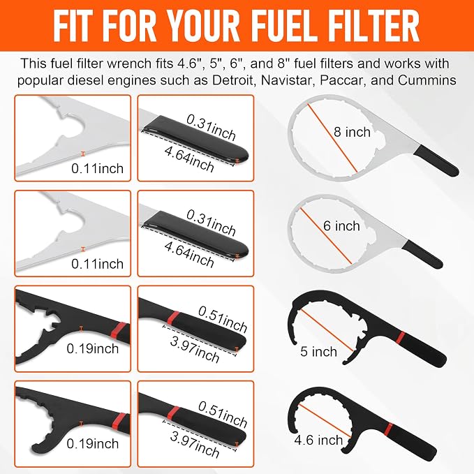 4-Piece Fuel Filter Wrench Set - 4.6/5/6/8 Inch | High Carbon Steel Heavy-Duty Tools for Diesel Fuel Filter Removal, Fits Detroit, Navistar, Peterbilt & Cummins Diesels