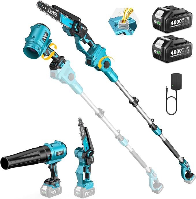 SEESII 4-in-1 Cordless 8 Inch Pole Chainsaw & Leaf Blower Battery Powered | 2 x 4000mAh Batteries, Adjustable 180° 560CFM Hand Blower, Electric Saw with 10FT Extension Pole for Tree Trimming, Lawn Care