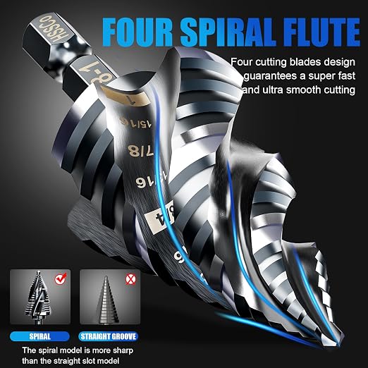 Four Spiral Flute M35 Step Drill Bit Set 1/4"-1"(3 pcs 30 Sizes), 1/4" Shank for Metal Step Drill bit, Impact Resistant Cobalt Step Drill Bit, for Stainless Steel, Wood, Aluminum, Plastic
