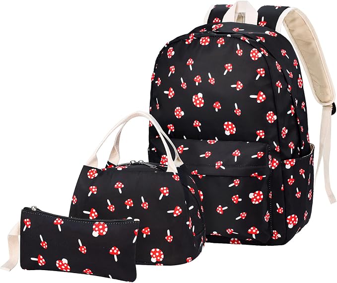 Mushroom School Backpack for Teen Girls, Bookbag with Lunch Box and Pencil Case