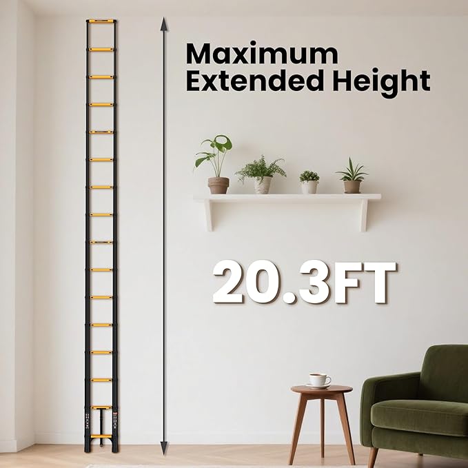 SINMEIRUN 20.3 FT Telescoping Ladder, Aluminum Extension Ladder, 330 lbs Load Capacity, Multi-Purpose Collapsible Ladder for Home and Work; Yellow