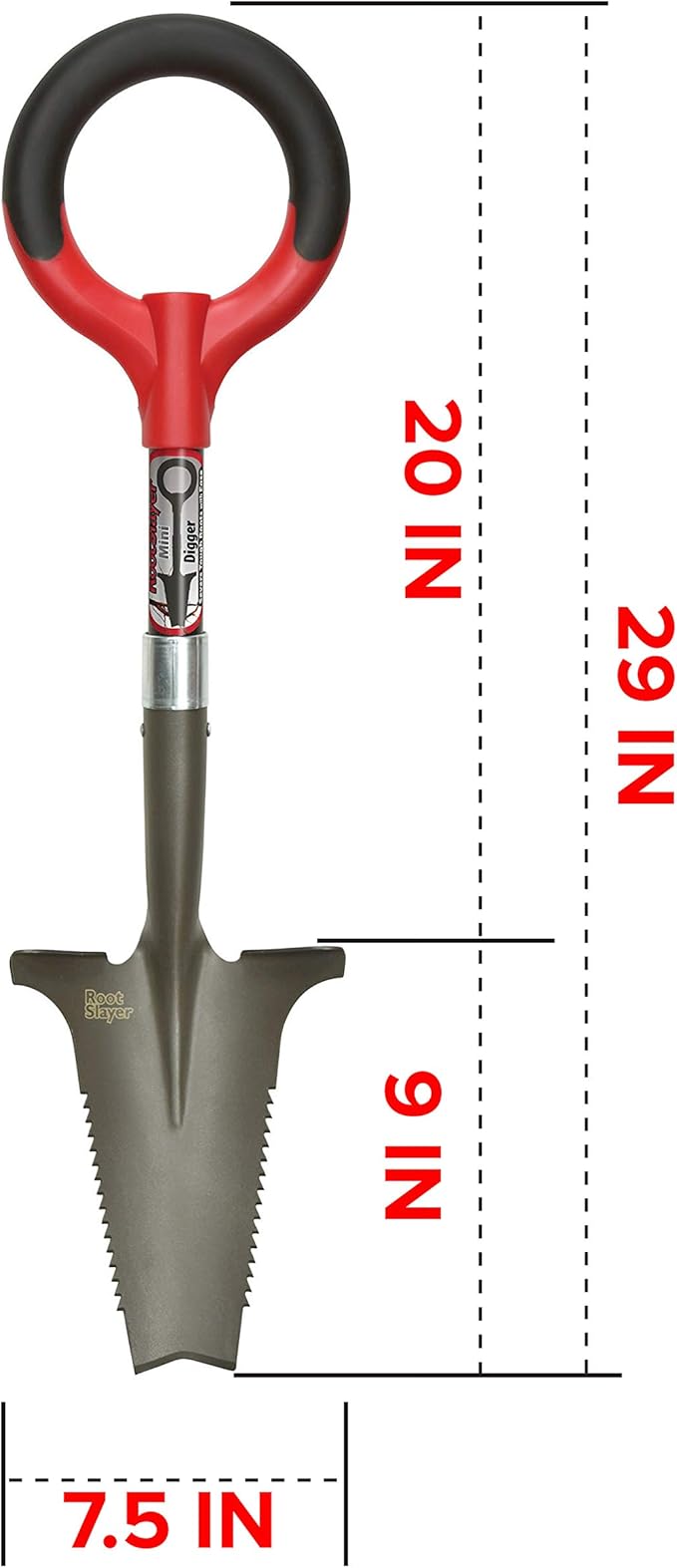 Root Slayer 22411 Mini Digger Garden Shovel with Serrated Blade for Digging and Root Cutting, Steel Spade, Red