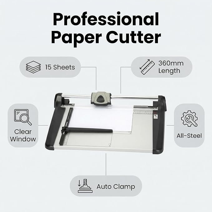 Heavy Duty Rotary Paper Cutter 15 Sheet, 14" Precision Paper Trimmer with Auto Clamp, Clean Cuts for Cardstock, Photos, Crafts & Office Use