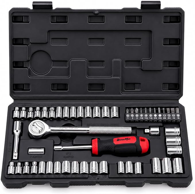 DuraMax Socket Set, 54-Piece Mechanic Tool Set with 1/4 & 3/8 Inch Drive SAE & Metric Sockets, Ratchet Wrench, Torx & Hex Bit Set, Extension Bar, Adapter and Storage Case