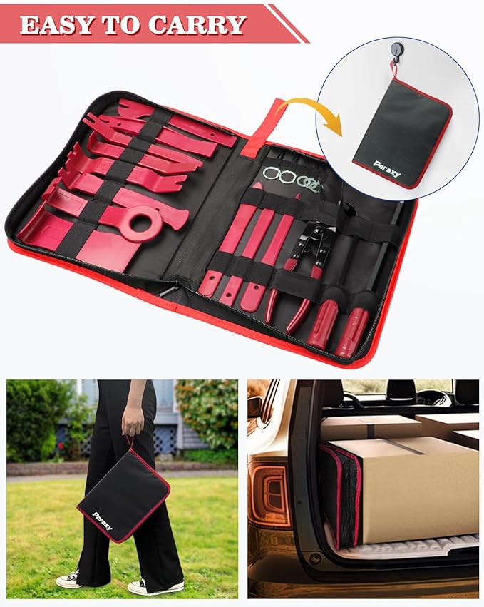 Poraxy 19Pcs Trim Removal Tool,Car Panel Door Audio Trim Removal Tool Kit, Auto Clip Pliers Fastener Remover Pry Tool Set with Storage Bag