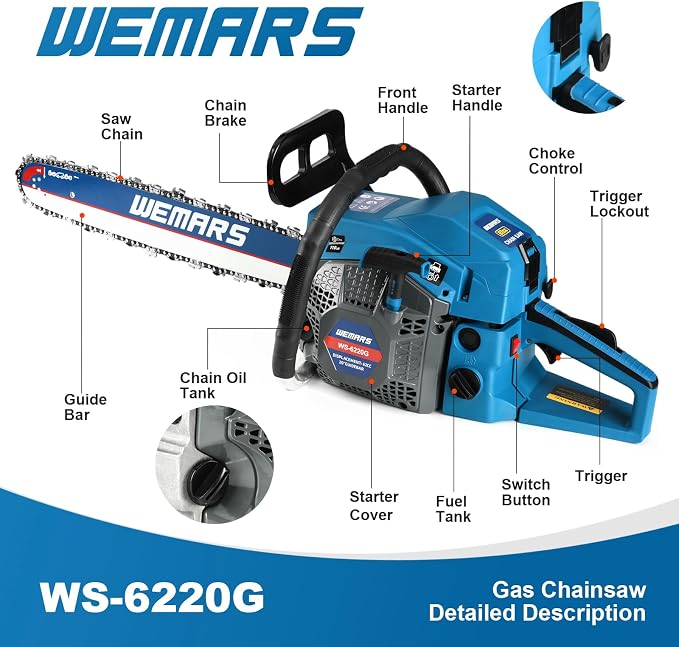 2-cycle 62CC Chainsaw Saw Gas Powered 20" Chain Saws Cordless Petrol Saw Handheld Chainsaw for Cutting Wood Trees Branches(6220C)