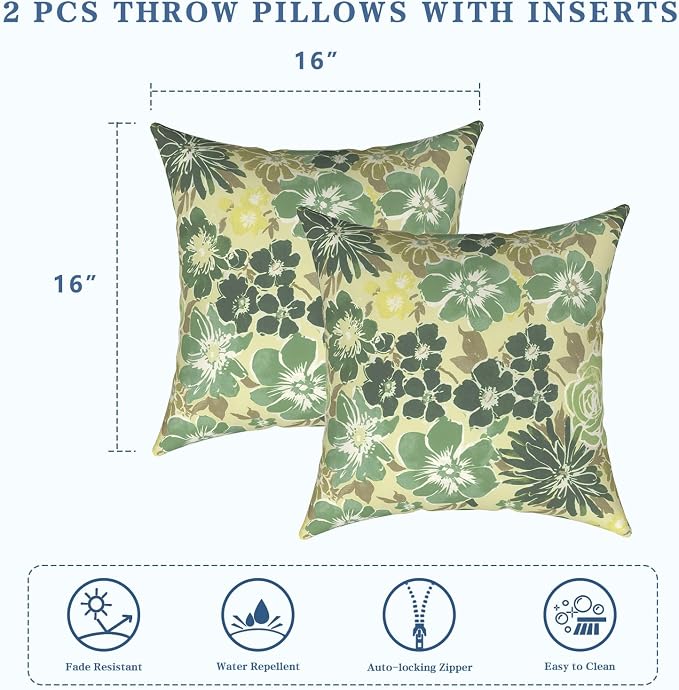 LVTXIII Outdoor Throw Pillows 16x16 Inch, Set of 2 Square Decorative Pillows with Inserts for Patio Furniture, Porch Chair, Garden Sofa, Green Rose