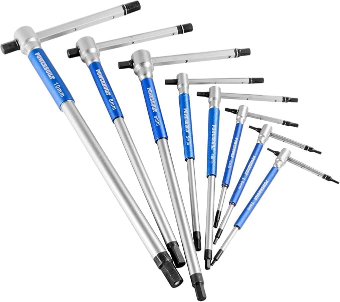Powerbuilt 8 Pc Metric T-Handle Hex Allen Key Wrench Set w/ Speed Sleeves for Fast Spinning Action, Sliding Top Handle for “T” or “L” Shape, Long Shafts, Storage Rack, Auto, Bicycle, Moto - 941645