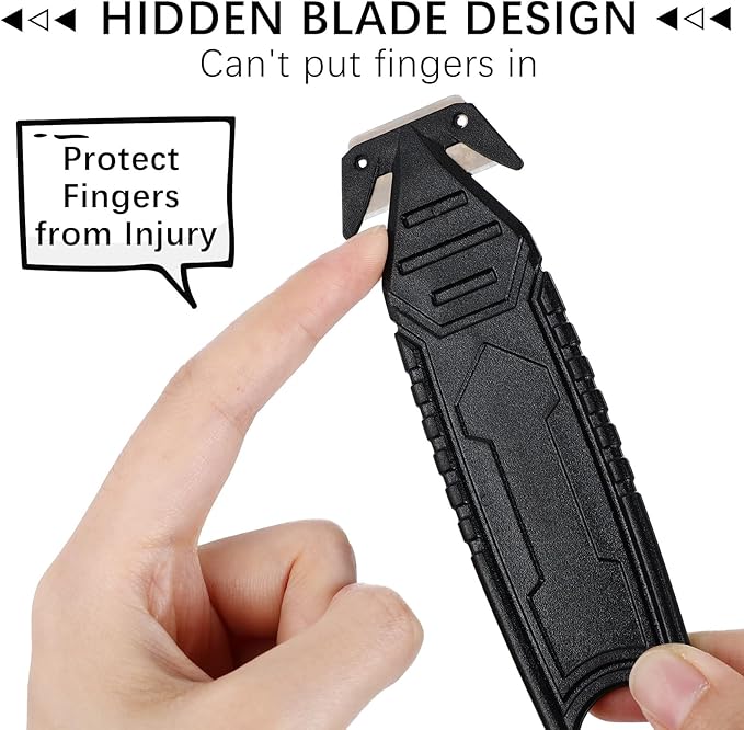 Therwen 10 Pcs Safety Box Cutter Knife of Stainless Steel Concealed Blade Package Opener with Tape Splitter for Carton Cardboard Wrap Letter Work Bag Straps Film Utility Tool (Black)