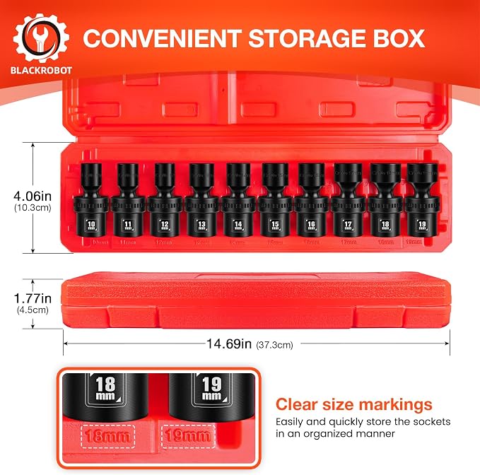 BLACKROBOT 1/2" Drive Swivel Socket Set, 10 Pieces Shallow Universal Impact Socket Set, Metric(10-19mm) Flexible Wobble Socket Set, 6 Point, CR-MO