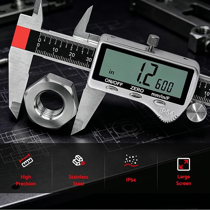 S&F STEAD & FAST Digital Caliper Measuring Tool 6 inch with Extra Large LCD Screen, Stainless Steel Micrometer Caliper Digital IP54, Measures Inch Mm Fraction for Workshop, 3D Printing