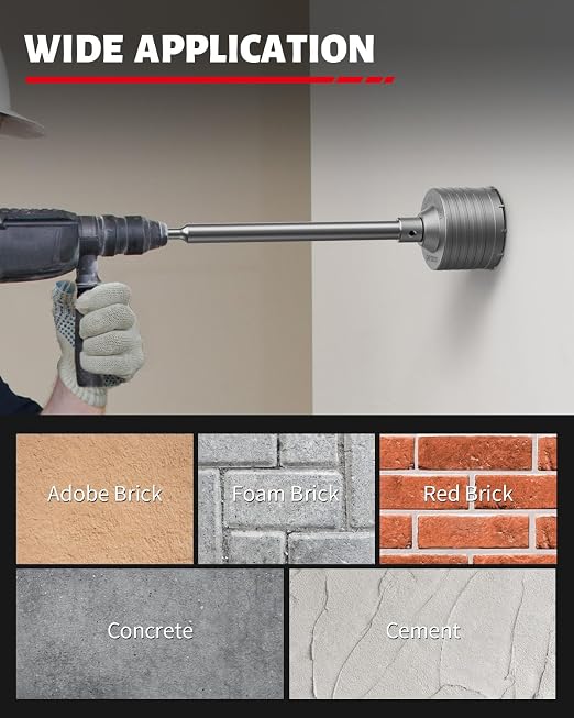 DAYDOOR Concrete Hole Saw Kit, 10-Piece Masonry Hole Saw Kit SDS Plus & SDS Max Shank Adapter, 1-3/16", 1-9/16", 2-9/16", 3-1/8", 4" Core Drill Bits Set for Brick, Cement Wall, and Stone