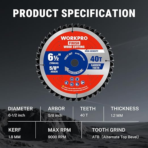 WORKPRO 6-1/2 Inch Woodworking Circular Saw Blade, 40T General Purpose Wood Cutting, Thin Kerf, Carbide Tipped, ATB Tooth, 1-Pack