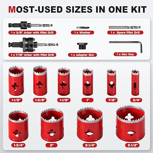 KATA Bi-Metal Hole Saw Kit for Metal & Wood - 16PCS Deep Cut 48mm Hole Saw Set 3/4" - 2-1/2"(19-64mm) with Arbors in Solid Case - Fast Chip Removal Holesaw Cutter for Electrician, Plumber, DIY