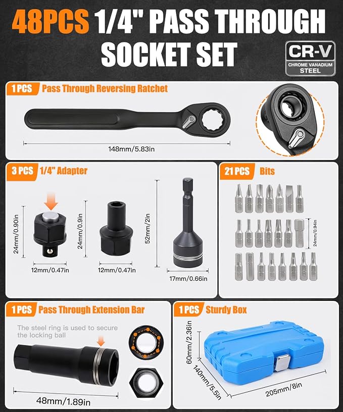 48 Piece 1/4-Inch Socket Set, SAE & Metric Multi-purpose sockets | 12-tooth perforating sleeve, 2-in-1 Ratchet (72-Tooth)