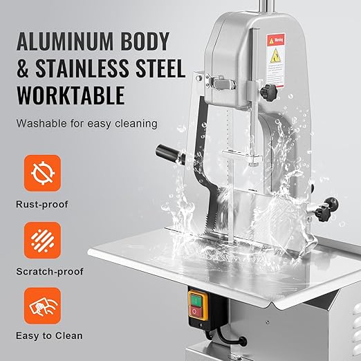 VEVOR Commercial Electric Meat Bandsaw, 650W Stainless Steel Countertop Bone Sawing Machine, Workbeach 12.4" x 18.1", 4.33 Inch Max Cutting Thickness, Frozen Meat Cutter for Rib Pork Beef