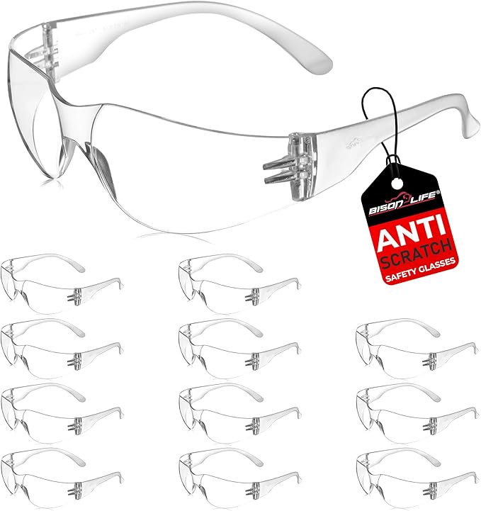 BISON LIFE Clear Safety Glasses – ANSI Z87.1 Scratch & Impact Resistant Wrap Around Eye Protection Goggles for Men & Women