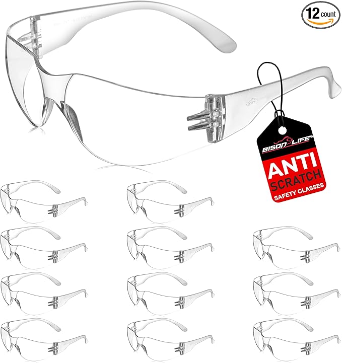 BISON LIFE Clear Safety Glasses – ANSI Z87.1 Scratch & Impact Resistant Wrap Around Eye Protection Goggles for Men & Women