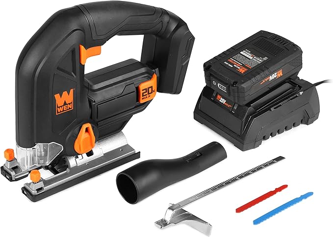 WEN Cordless Jigsaw, Variable Speed with 20V Max 2.0 Ah Lithium Ion Battery and Charger (20661)