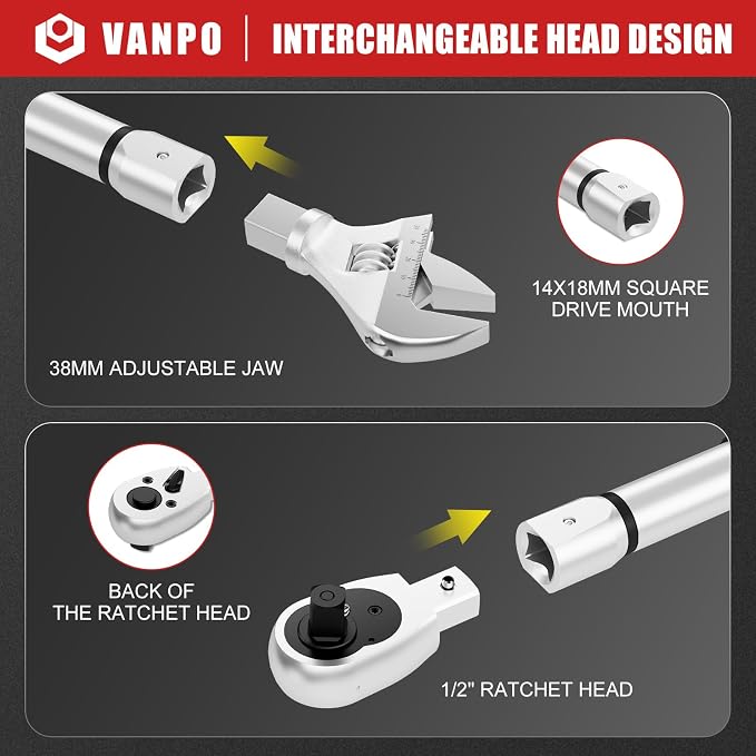 VANPO Adjustable Digital Torque Wrench, 7.38-147.5 Ft.lb/10-200Nm for HVAC | 38mm Jaw & 1/2" Ratchet, 14×18mm Open End, ±2% Accuracy, Vibration, Buzzer and LED Indicator, for Split AC, Auto, Plumbing