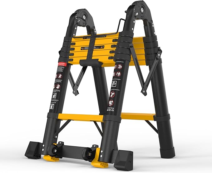 SINMEIRUN Telescoping Ladder, 12.5 FT, A Frame, Aluminum Extension Ladder, 330 lbs Capacity, Collapsible Multi-Purpose Ladder for Home, Roof and RV; Yellow