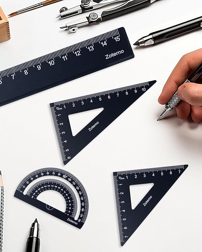 Geometry Ruler Set for Students, Metric Measurement 4-Piece Metal Math Drafting Kit with Non-Slip Design 15 cm Straightedge Ruler, 180° Protractor & 2 Triangles for School Kids (Black)