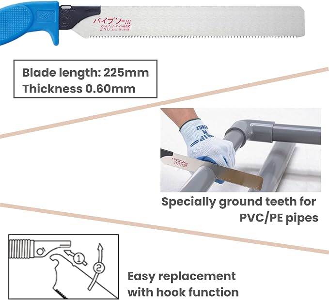 Z-saw Pipe Saw 240 with 5 Replacement Blades Set, English Replacement Manual Included, Ideal for PVC Pipe, Japanese Hand Saw