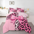 Feelyou Pink Leopard Print Comforter Set All Season Cheetah Bow Bedding Set with 2 Pillow Cases Animal Fur Microfiber Kids King Bedclothes Bedroom Decor Duvet Quilt Breathable Soft Lightweight