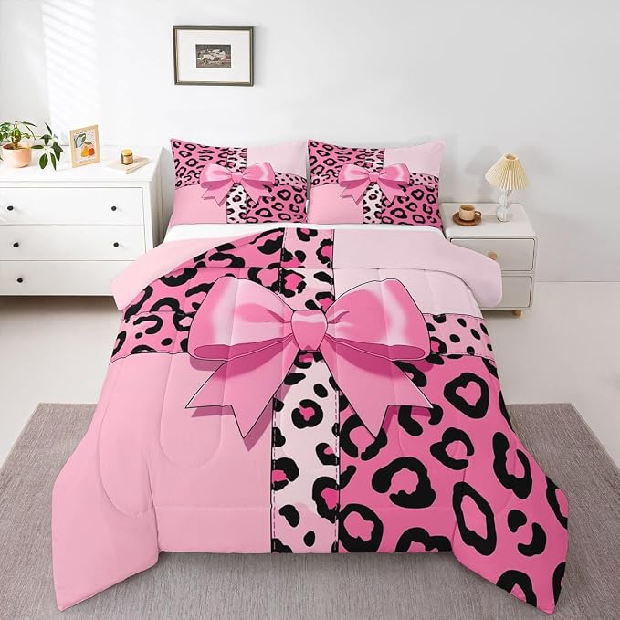 Feelyou Pink Leopard Print Comforter Set All Season Cheetah Bow Bedding Set with 2 Pillow Cases Animal Fur Microfiber Kids Full Bedclothes Bedroom Decor Duvet Quilt Breathable Soft Lightweight