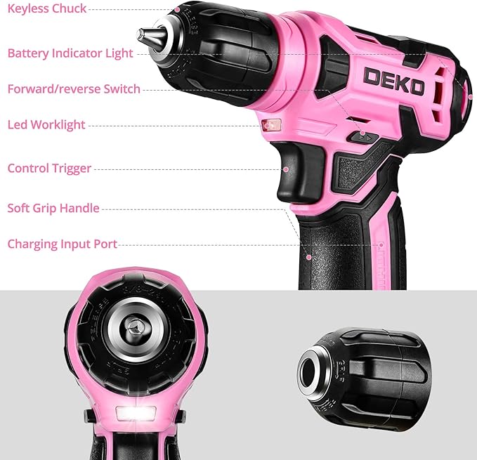 DEKOPRO 8V Cordless Drill, Drill Set with 3/8"Keyless Chuck, 42pcs Acessories, Built-in LED, Type-C Charge Cable, Pink Power Drills for Drilling and Tightening/Loosening Screws