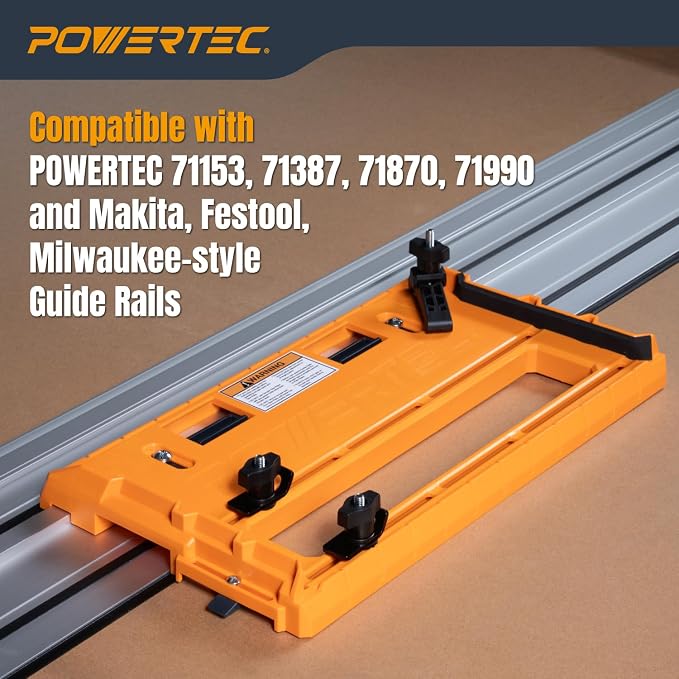 POWERTEC Universal Circular Saw Track Plate Compatible with Most Track Saw Guide Rails and Straight Edge Clamps, Tool-Free Mounting System, Adjustable Fence for Fast and Accurate Cuts (71993)
