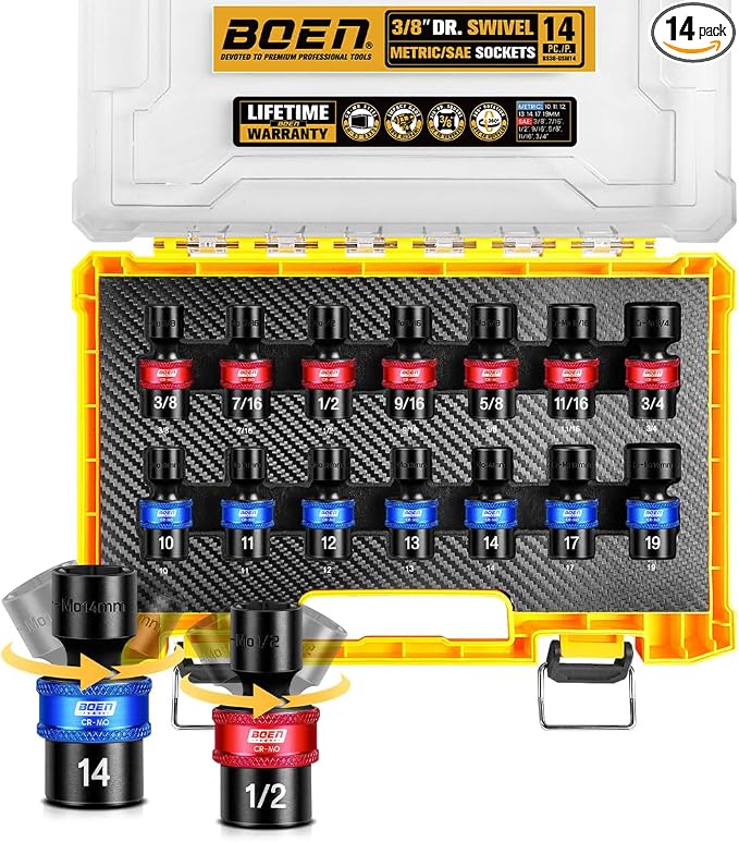 BOEN 14-Pieces 3/8 Inch Drive Impact Swivel Socket set, Metric (10-19mm) & SAE (3/8”- 3/4”) Universal Wobbly Sockets With Cr-Mo Steel, 6-Point Shallow Universal Joint Socket for Tight Spaces