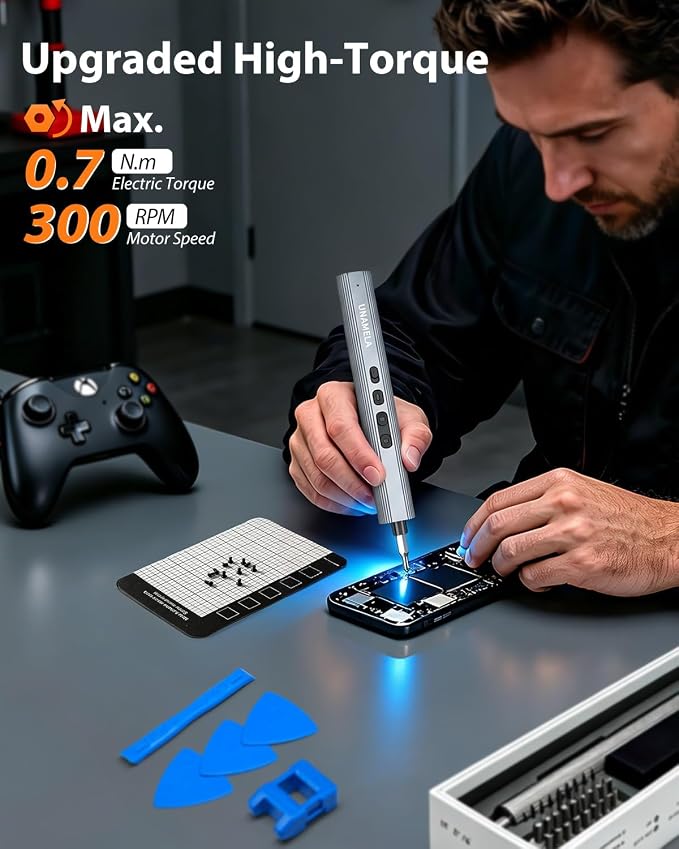 Mini Electric Screwdriver Set Upgraded: UnaMela Small Electric Precision Screwdriver Cordless - 30 S2 Bits, 3 Torque Settings, 4 LED Lights, Power Screwdriver Repair Tool Kit for PC RC Electronics