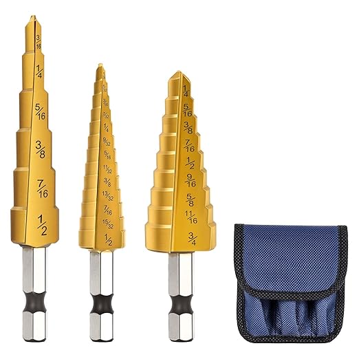 3PCS Titanium Step Drill Bit - 4241 HSS Step Bit with Two Straight Flutes, 28 Sizes for Metal, Aluminum, Wood & Plastic, Unibit for Electricians & DIY with Portable Bag