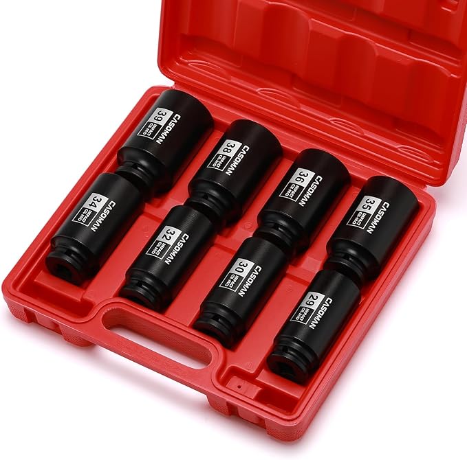 CASOMAN 1/2-Inch Drive Deep Spindle Axle Nut Impact Socket Set,12-Point, Metric, CR-MO, 29, 30, 32, 34, 35, 36, 38, 39mm, 8-Piece 1/2" Heavy Duty Impact Socket Set