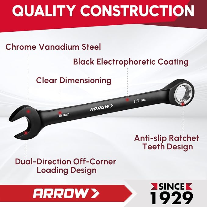 ARROW 12PCS Metric Ratcheting Wrench Set with Black Magnetic Tool Holder | Anti-Slip 6-18mm Combination Ratchet Wrench Set, Premium CRV Material, 72-Teeth, Corrosion-Resistant, Easy to Carry & Store