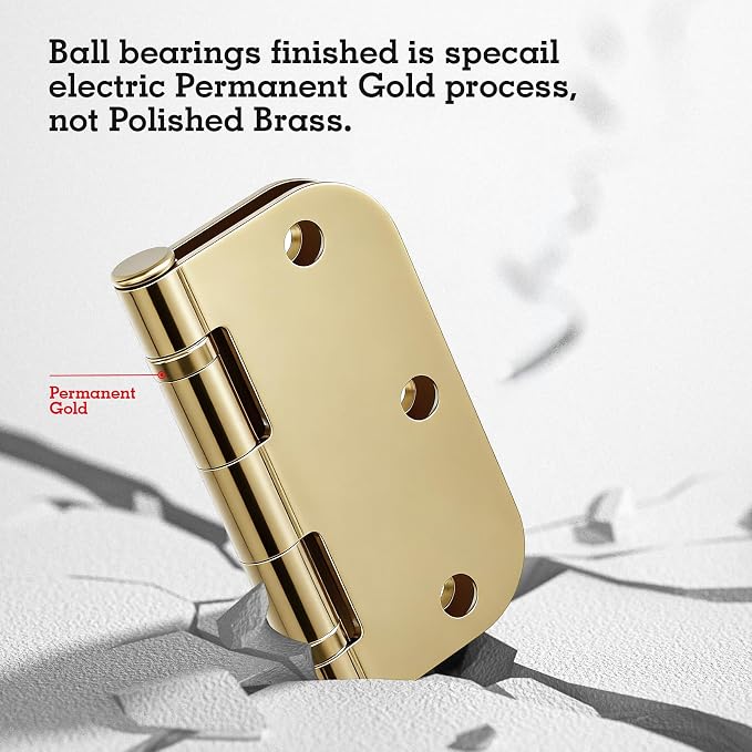 6 Pack No Squeak Polished Brass Door Hinges 3.5 Inch 5/8" Radius Round Ball Bearing Interior 3-1/2"Flat Iron Bifold Residential Standard Bedroom Indoor for Doors 3 ½" Hardware Home Decor Essentials