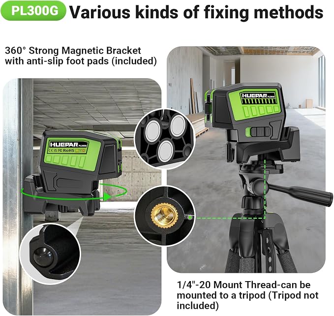HUEPAR 3 Point Self Leveling Laser Alignment Tool with Plus Mode (98-165Ft), Laser Plumb Dots Level with 360° Magnetic Base Includes 2 AA Batteries & Hard Carrying Case - PL300G