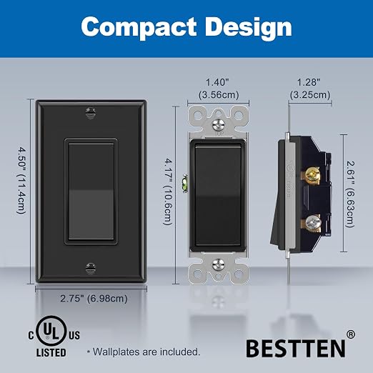 BESTTEN 10 Pack Single Pole Decorator Wall Light Switch with Wallplate, 15A 120/277V, On/Off Rocker Paddle Interrupter, UL Listed, Black
