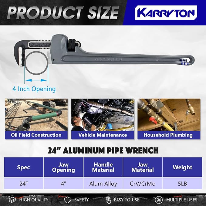 24 Inch Aluminum Pipe Wrench, 4"/100mm Adjustable Cr-Mo Jaw Opening Heavy Duty Straight Handle Plumbing Wrenches, Perfect Plumbers Tool Exceed GGG Standard