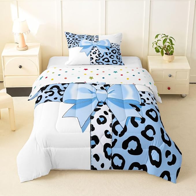 Feelyou Leopard Print Kids Comforter Set Twin Size Blue Leopard Bow Bedding Set Animal Fur Duvet Quilt for Kids Boys Girls Bedroom Decor Microfiber Ultra Soft Breathable