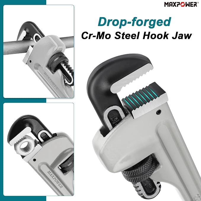 MAXPOWER 10 inch Straight Pipe Wrench, 1 inch Jaw Capacity | 40% Lighter Aluminum Adjustable Plumbing Wrench, Cr-Mo Jaw, Drop Forged