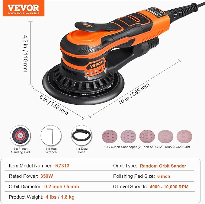VEVOR Random Orbital Sander 6-Inch, 350W Brushless Orbital Sander, 10,000 PRM 6 Variable Speed Electric Palm Sander with 10PCS Sandpapers, Dust Connector & Hose for Woodworking Detailing Sanding
